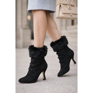 Hype Black Suede Fur Trim Victorian Boots Kitten Heel Lace Detail Vero Cuoio 6